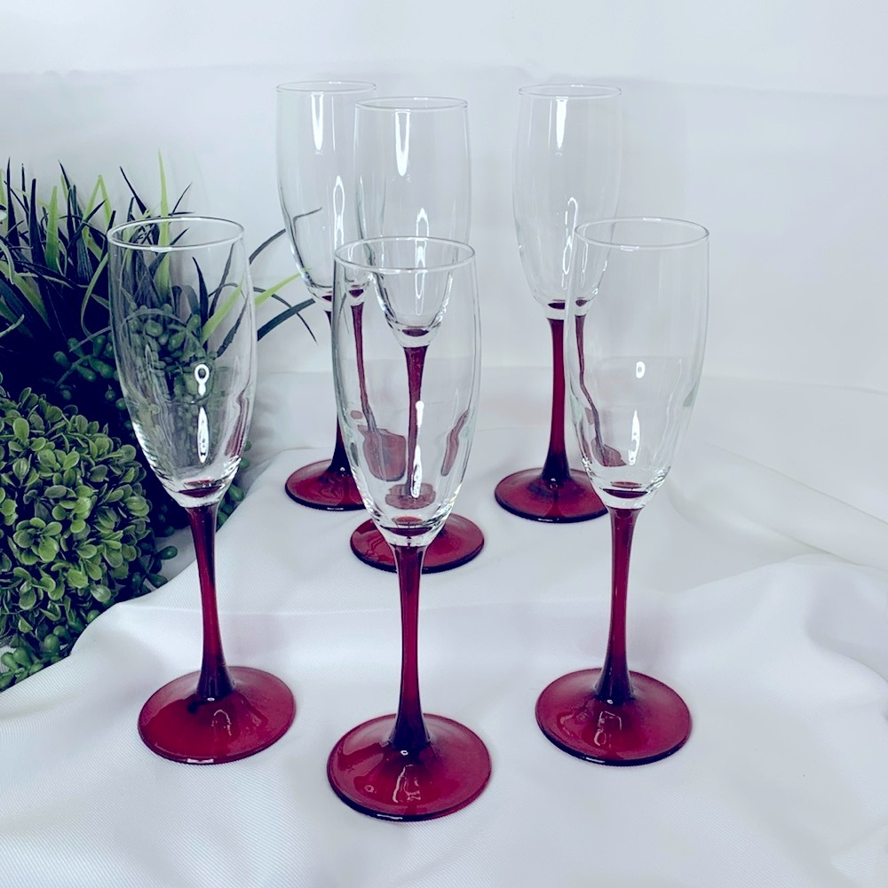 Set of 6 Cristal D’Arque Cherry ruby red stem champagne glasses